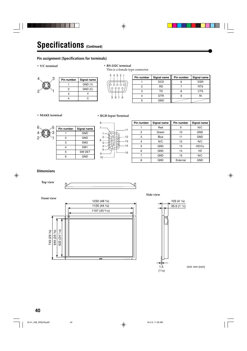 Specifications, Pin assignment (specifications for terminals), Dimensions | Menu input | JVC GM X50U User Manual | Page 41 / 128