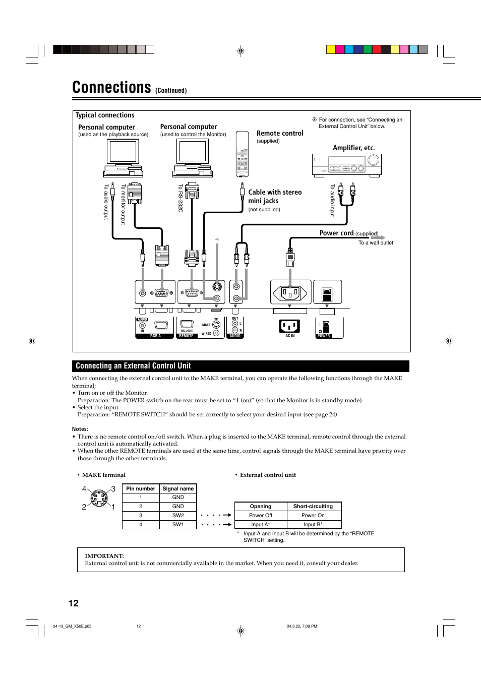 Connections, Connecting an external control unit | JVC GM X50U User Manual | Page 57 / 128