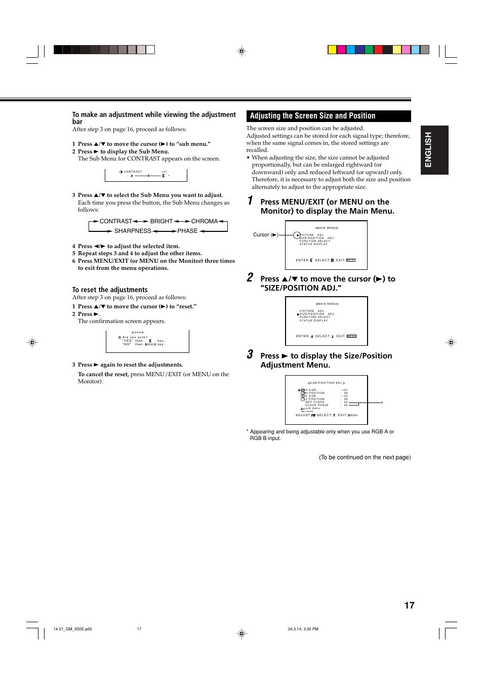 English, Adjusting the screen size and position | JVC GM X50U User Manual | Page 62 / 128
