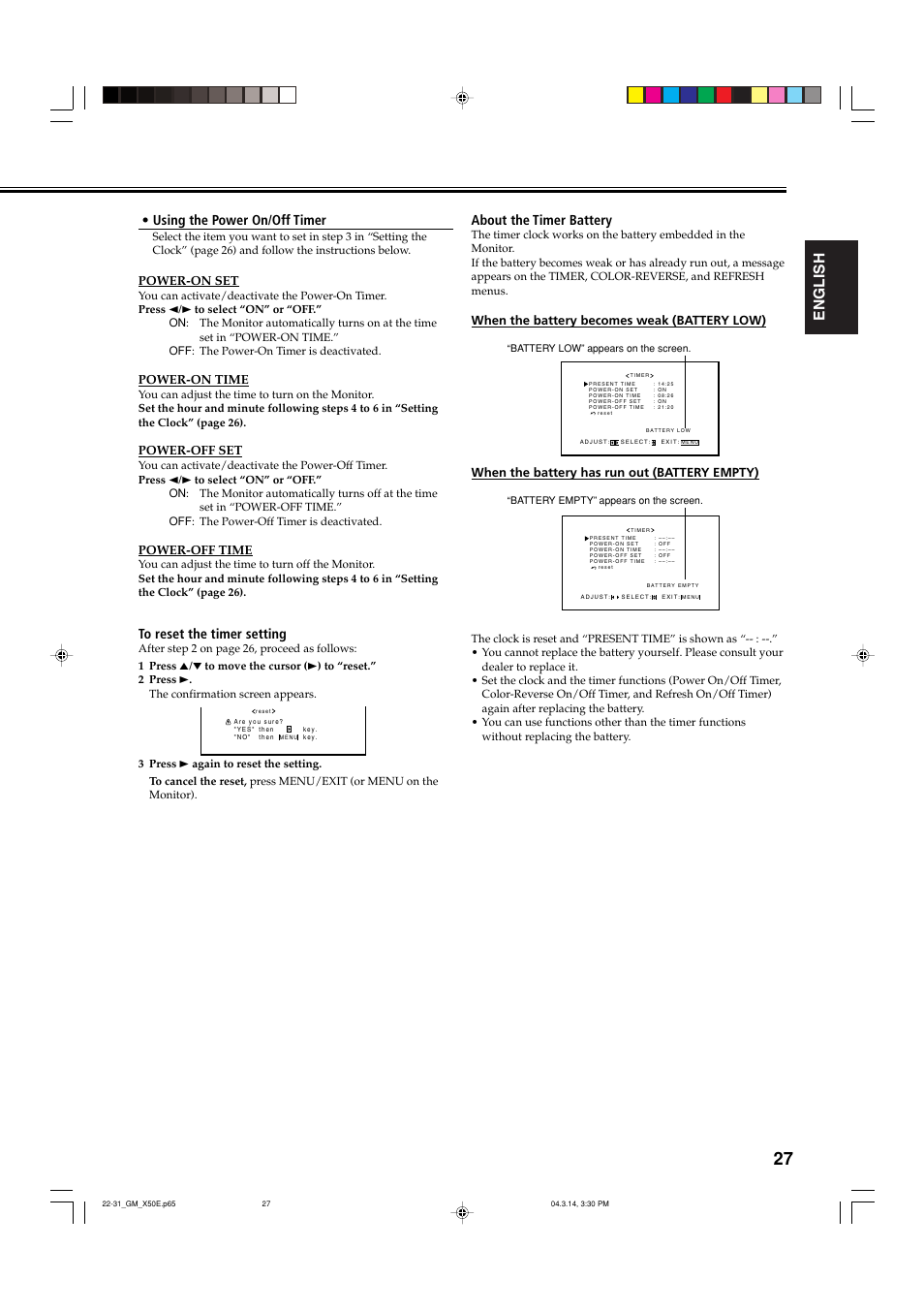 English, Using the power on/off timer, About the timer battery | Power-on set, Power-on time, Power-off set, Power-off time, When the battery becomes weak (battery low), When the battery has run out (battery empty) | JVC GM X50U User Manual | Page 72 / 128