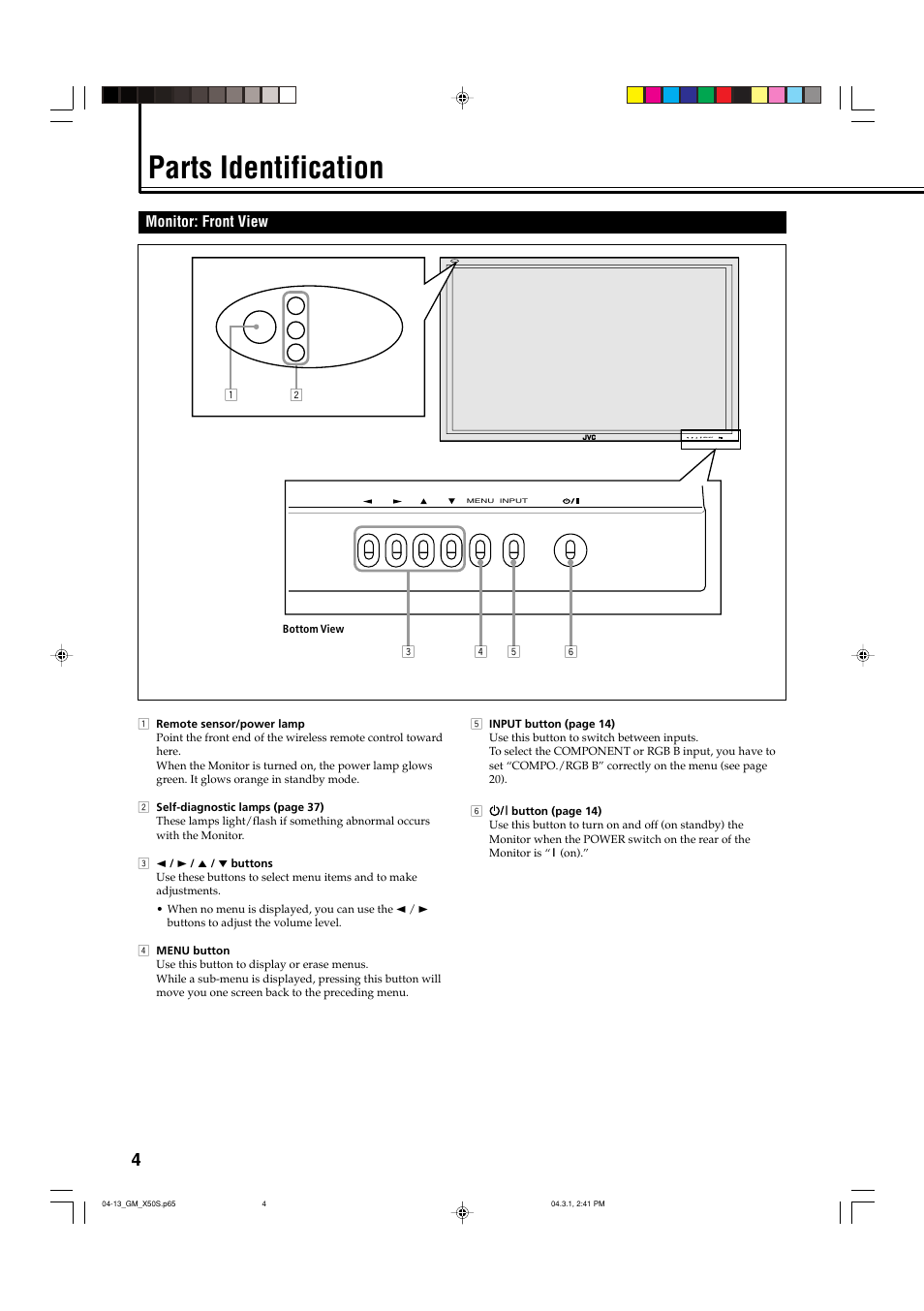 Parts identification, Monitor: front view | JVC GM X50U User Manual | Page 91 / 128