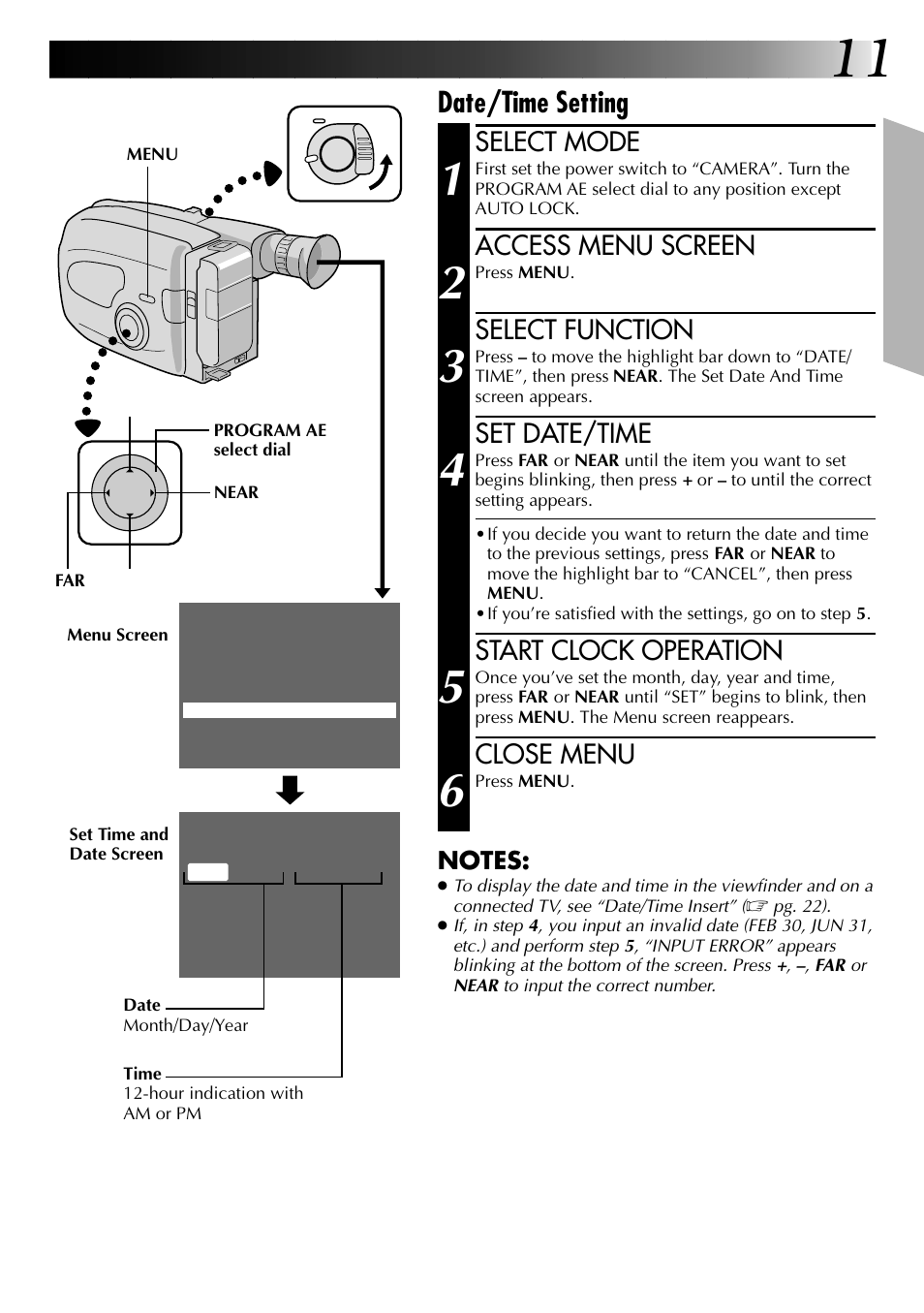 Date/time setting, Select mode, Access menu screen | Select function, Set date/time, Start clock operation, Close menu | JVC 0397TOV*UN*YP User Manual | Page 11 / 48