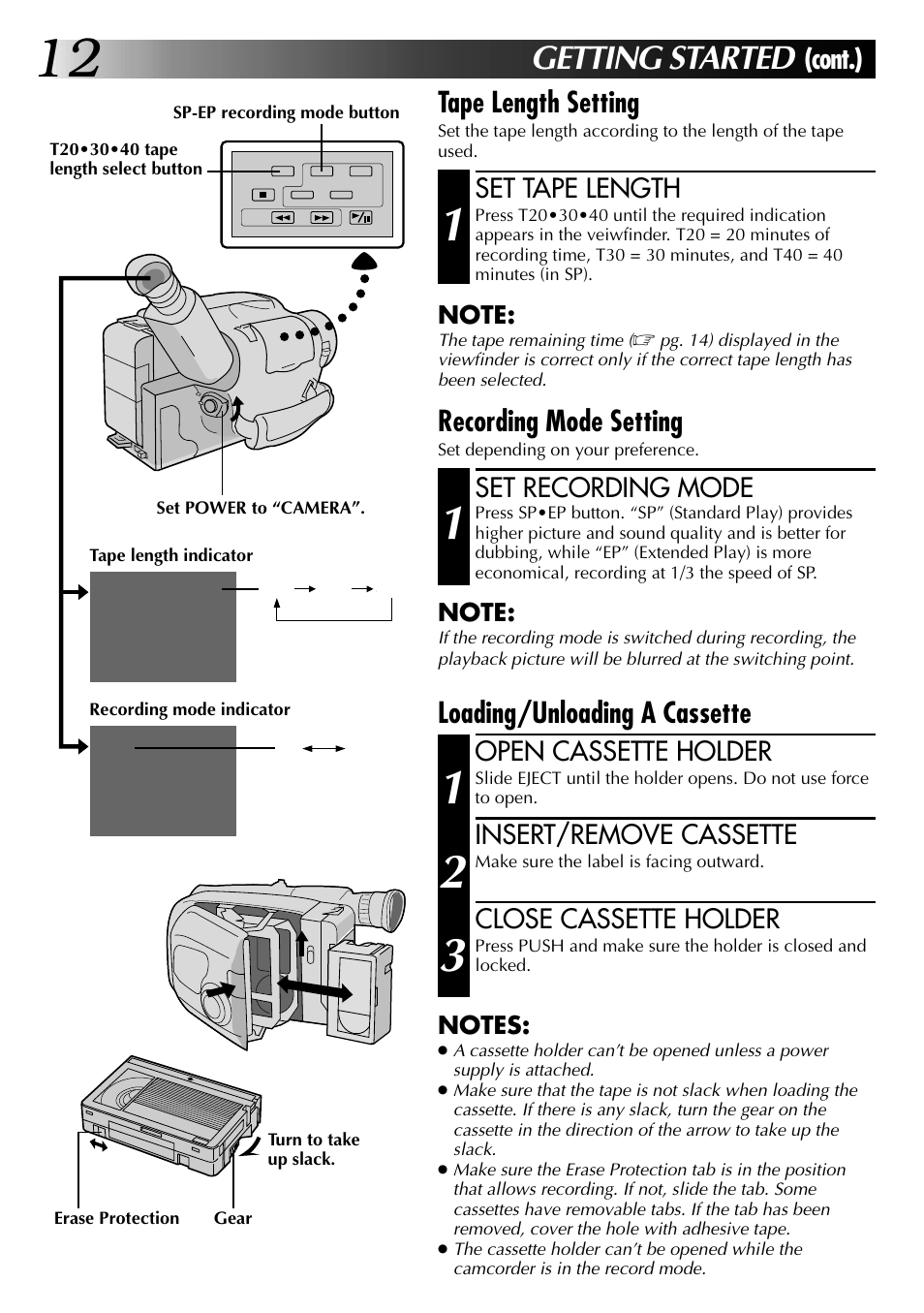 Getting started, Cont.) tape length setting, Recording mode setting | Loading/unloading a cassette | JVC 0397TOV*UN*YP User Manual | Page 12 / 48