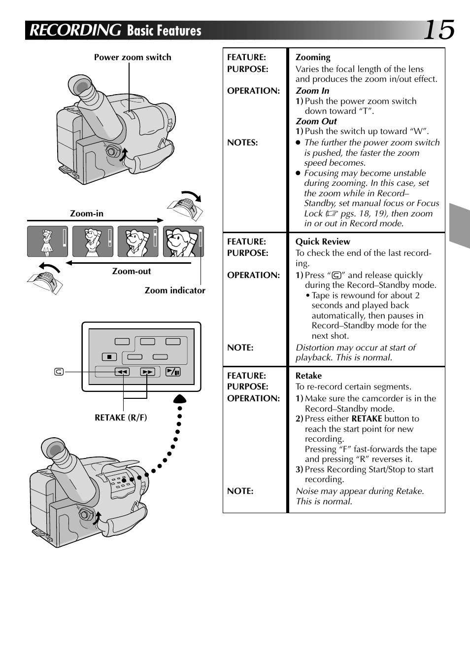 Recording, Basic features | JVC 0397TOV*UN*YP User Manual | Page 15 / 48