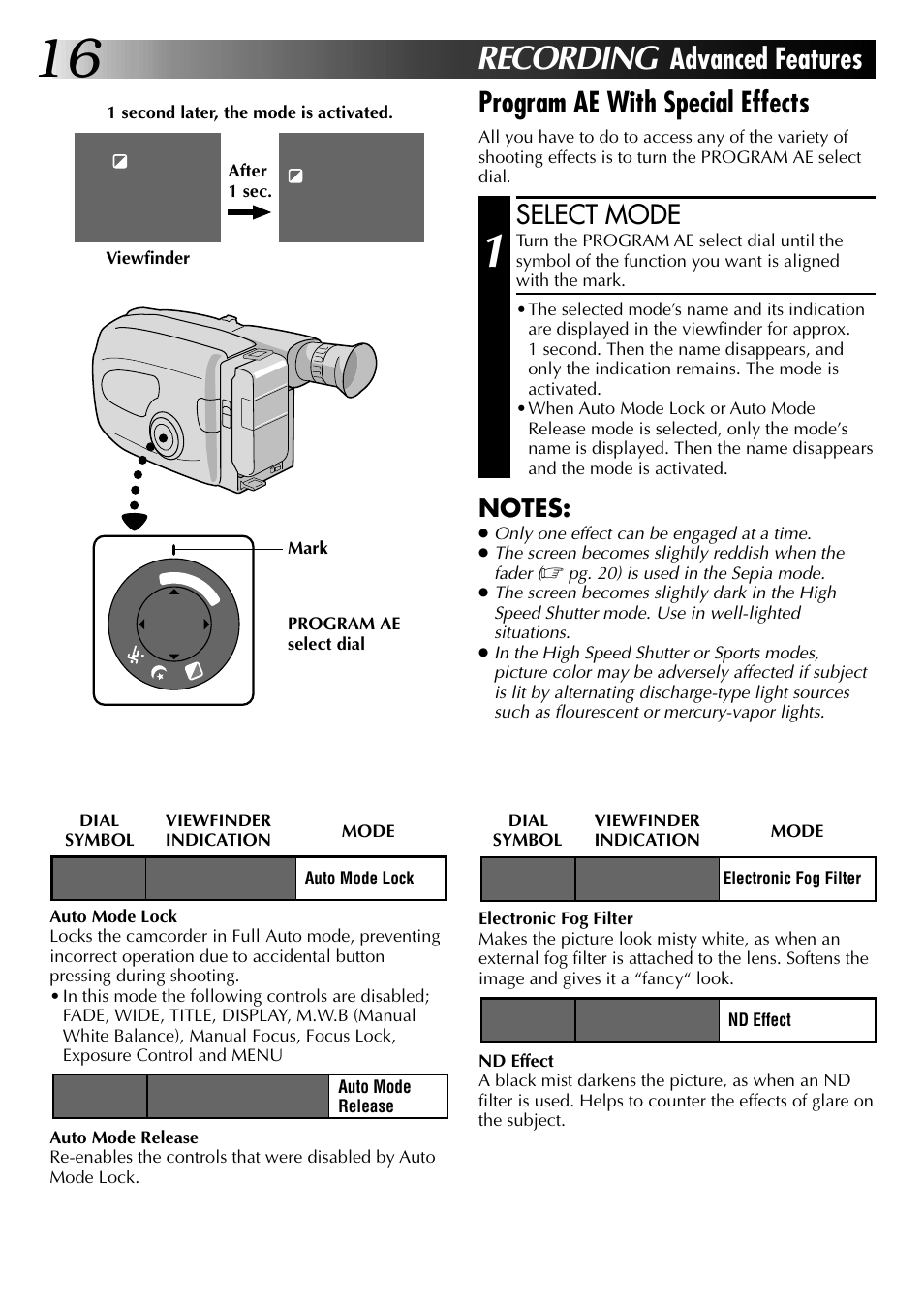 Recording, Advanced features, Program ae with special effects | Select mode | JVC 0397TOV*UN*YP User Manual | Page 16 / 48