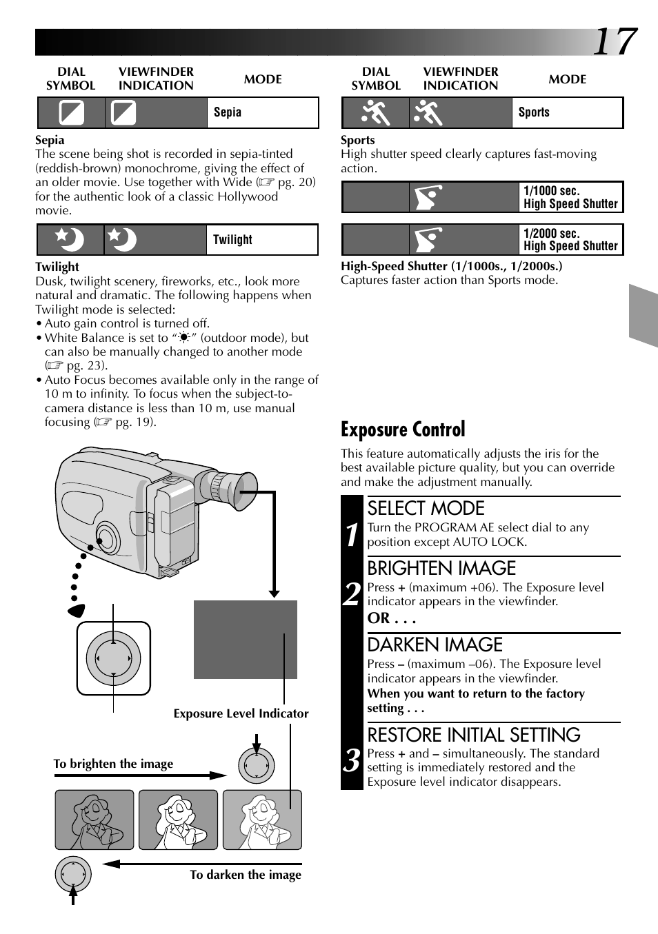 Exposure control, Select mode, Brighten image | Darken image, Restore initial setting | JVC 0397TOV*UN*YP User Manual | Page 17 / 48