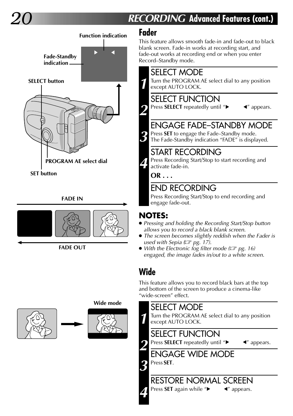 Recording, Advanced features (cont.) fader, Wide | JVC 0397TOV*UN*YP User Manual | Page 20 / 48