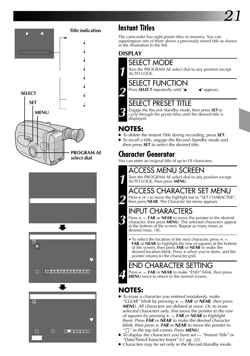 Instant titles, Character generator, Select mode | Select function, Select preset title, Access menu screen, Access character set menu, Input characters, End character setting | JVC 0397TOV*UN*YP User Manual | Page 21 / 48