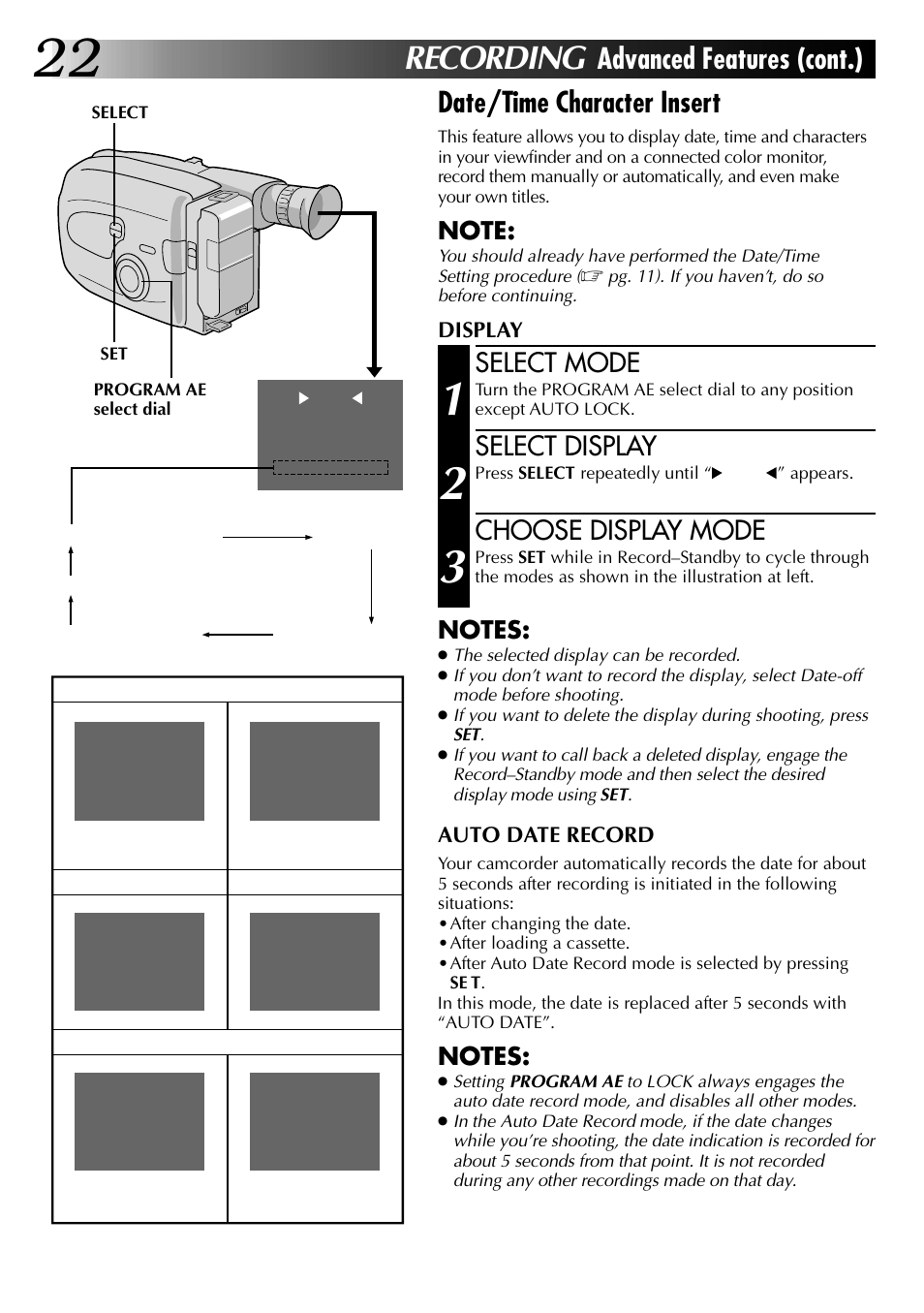 Recording, Select mode, Select display | Choose display mode | JVC 0397TOV*UN*YP User Manual | Page 22 / 48