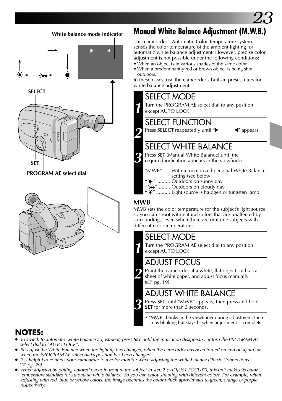 Manual white balance adjustment (m.w.b.), Select mode, Select function | Select white balance, Adjust focus, Adjust white balance | JVC 0397TOV*UN*YP User Manual | Page 23 / 48