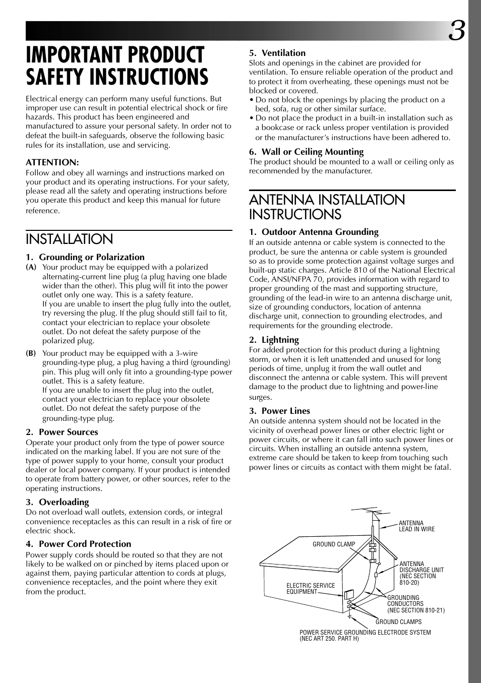 Important product safety instructions, Antenna installation instructions, Installation | JVC 0397TOV*UN*YP User Manual | Page 3 / 48