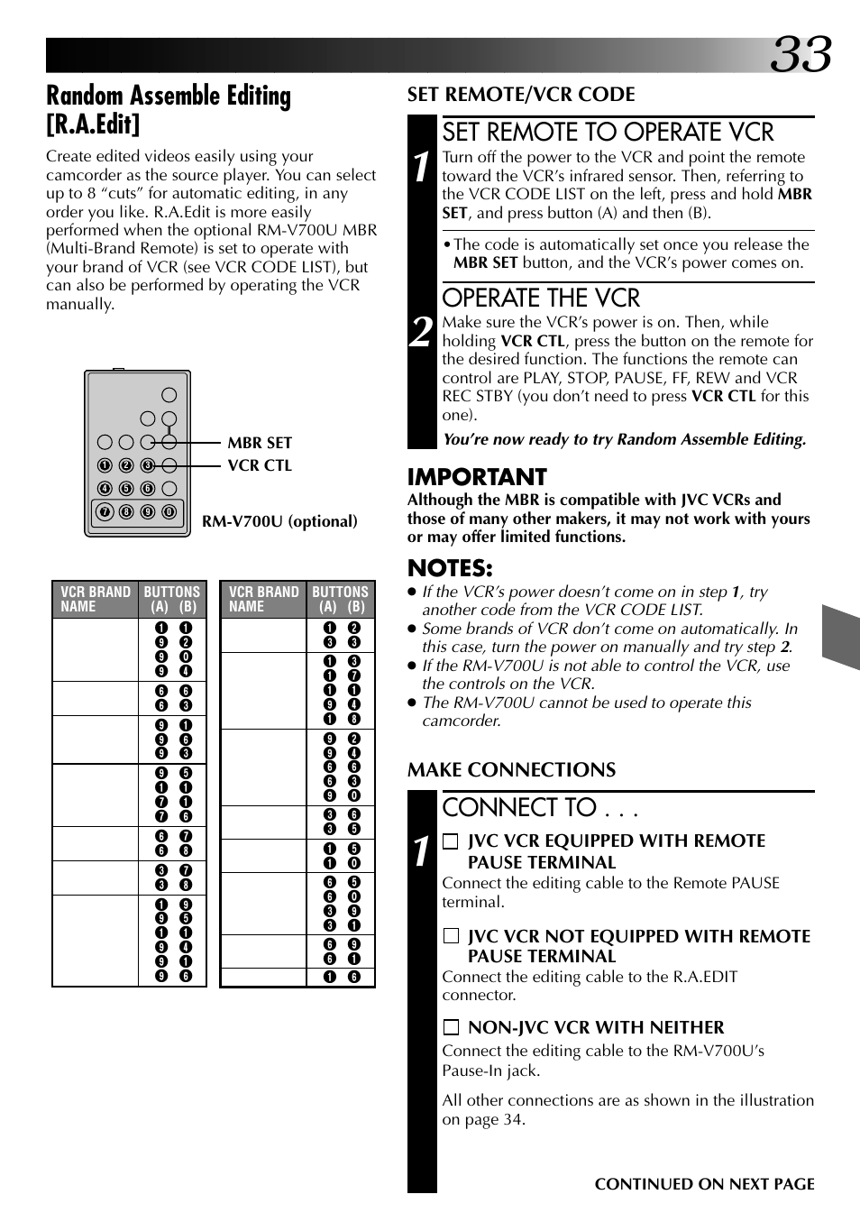 Random assemble editing [r.a.edit, Set remote to operate vcr, Operate the vcr | Connect to, Important, Set remote/vcr code, Make connections | JVC 0397TOV*UN*YP User Manual | Page 33 / 48