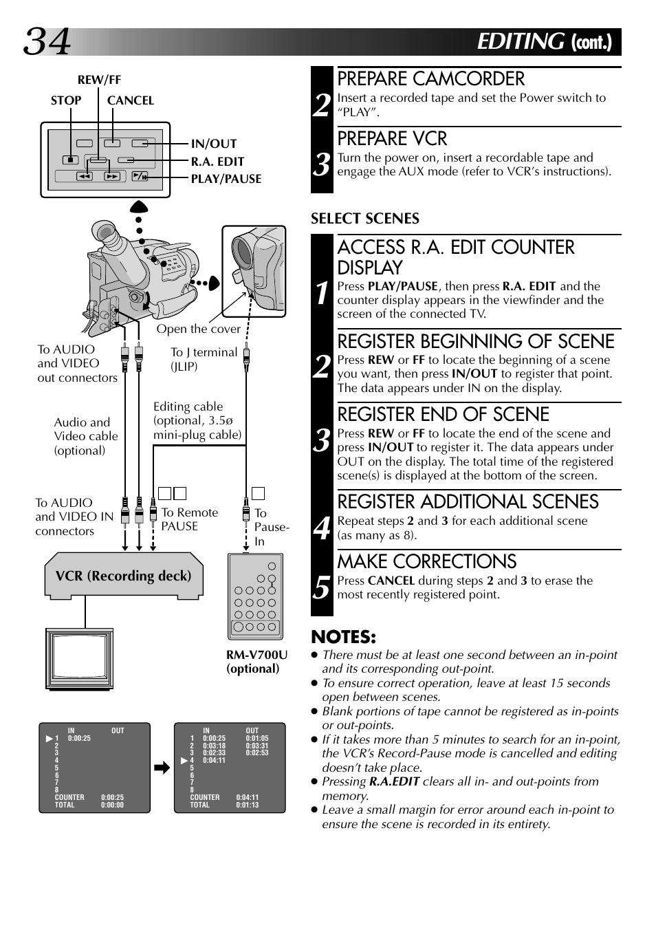 Editing, Cont.), Prepare camcorder | Prepare vcr, Access r.a. edit counter display, Register beginning of scene, Register end of scene, Register additional scenes, Make corrections | JVC 0397TOV*UN*YP User Manual | Page 34 / 48