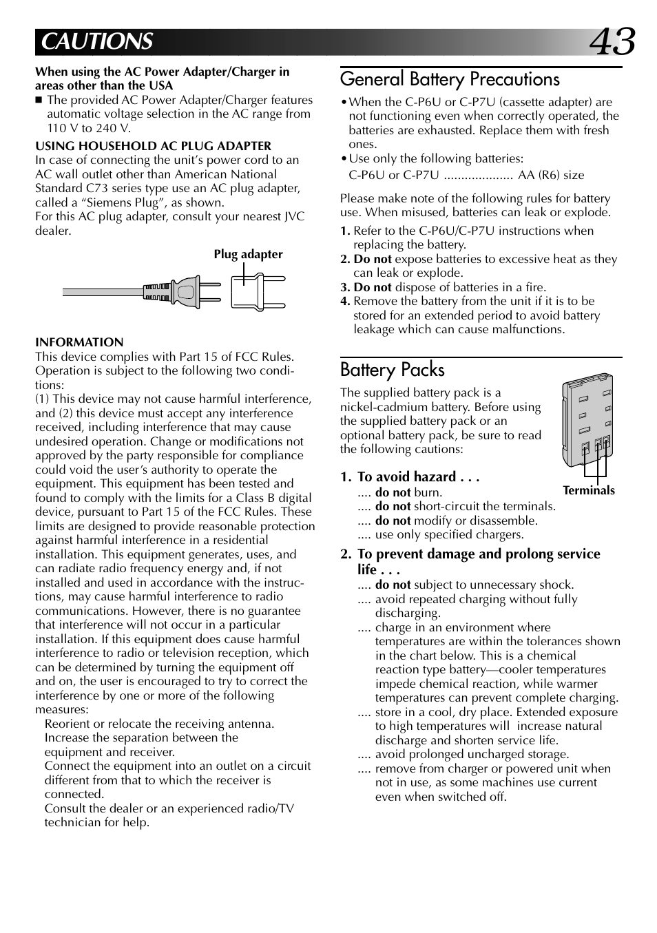 Cautions, General battery precautions, Battery packs | JVC 0397TOV*UN*YP User Manual | Page 43 / 48