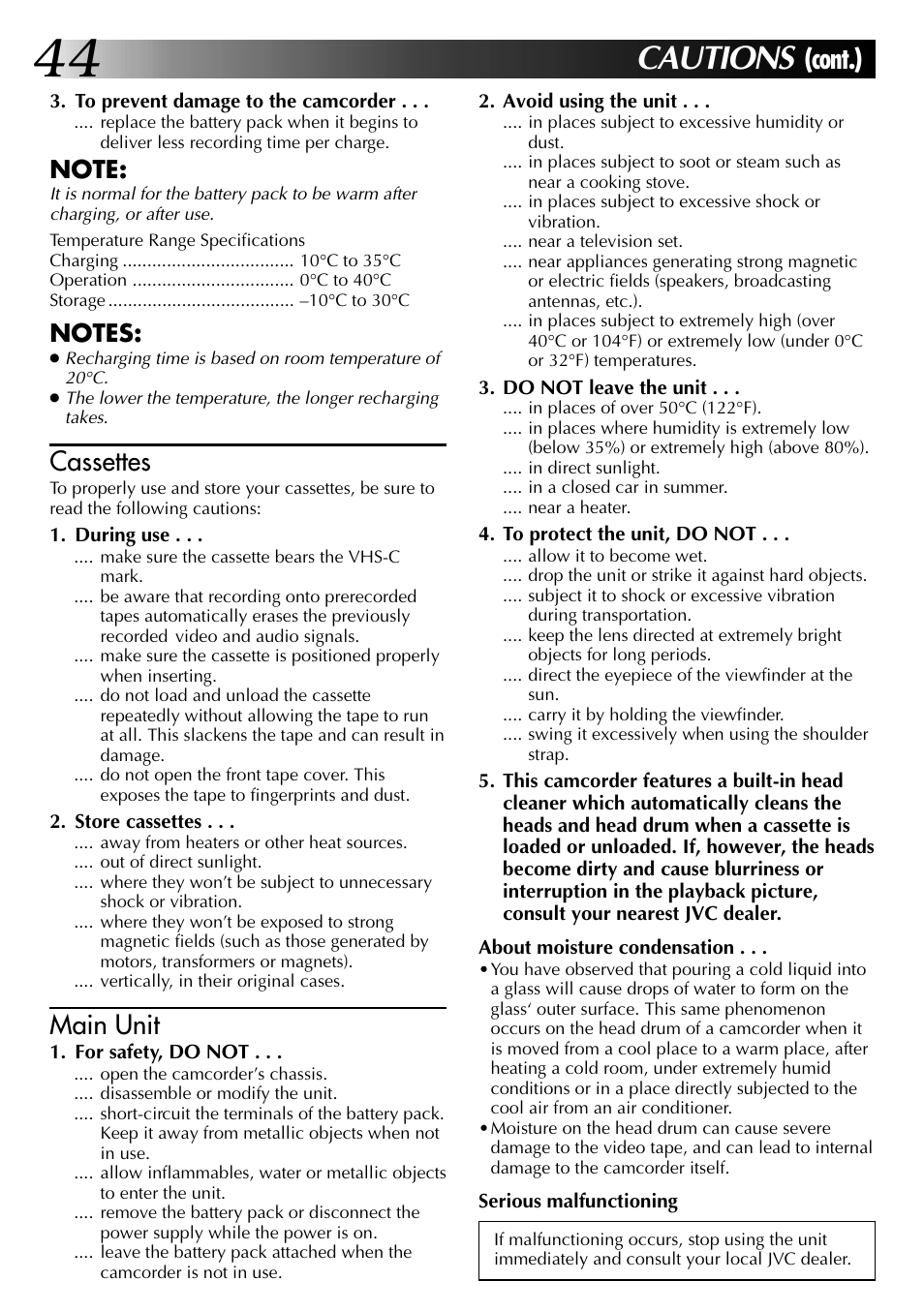 Cautions, Cont.), Cassettes | Main unit | JVC 0397TOV*UN*YP User Manual | Page 44 / 48