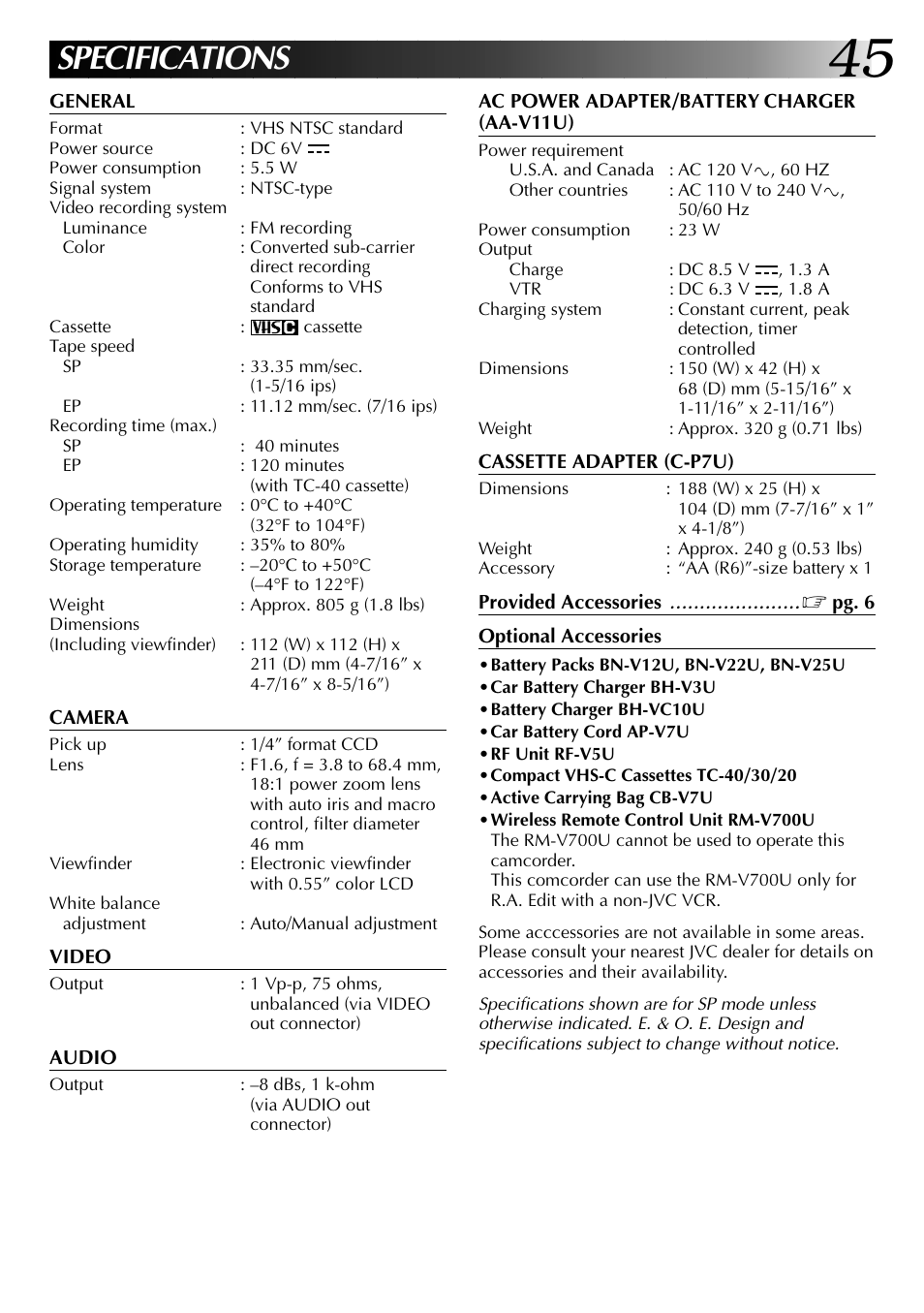 Specifications | JVC 0397TOV*UN*YP User Manual | Page 45 / 48