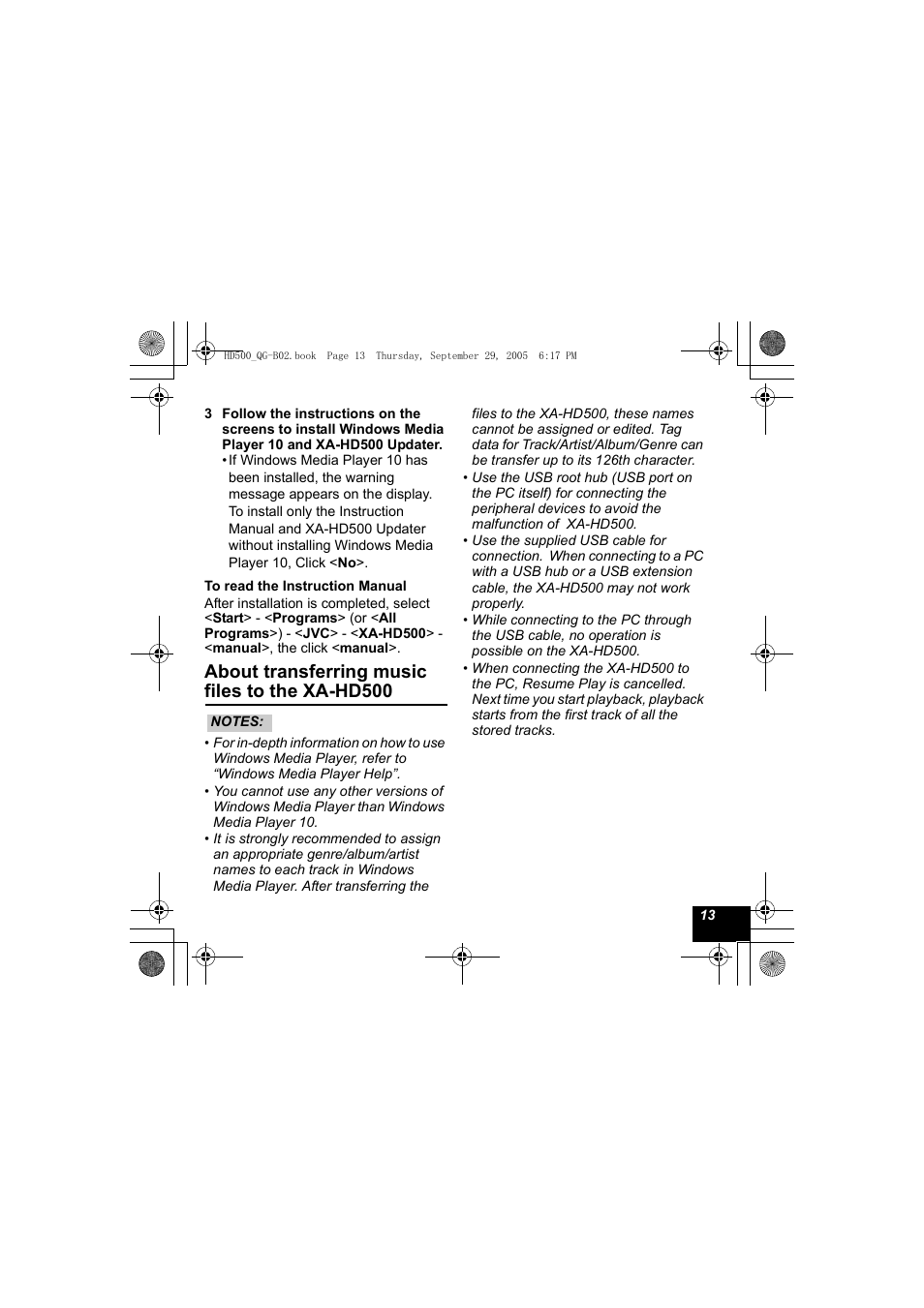 About transferring music files to the xa-hd500 | JVC XA-HD500S User Manual | Page 13 / 26