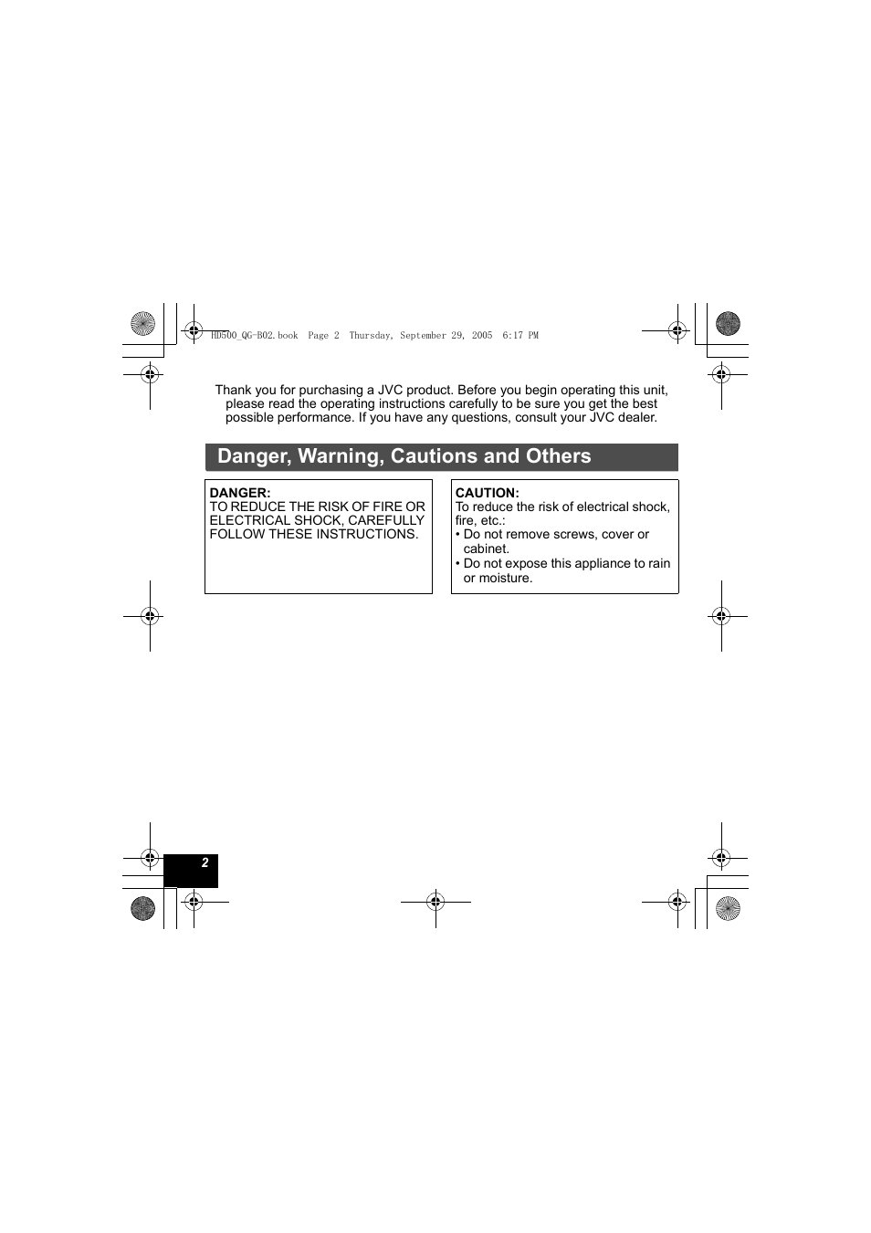 Danger, warning, cautions and others | JVC XA-HD500S User Manual | Page 2 / 26