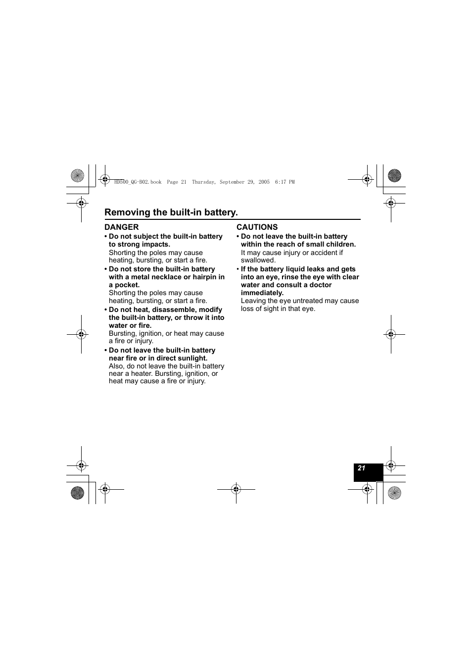 Removing the built-in battery | JVC XA-HD500S User Manual | Page 21 / 26