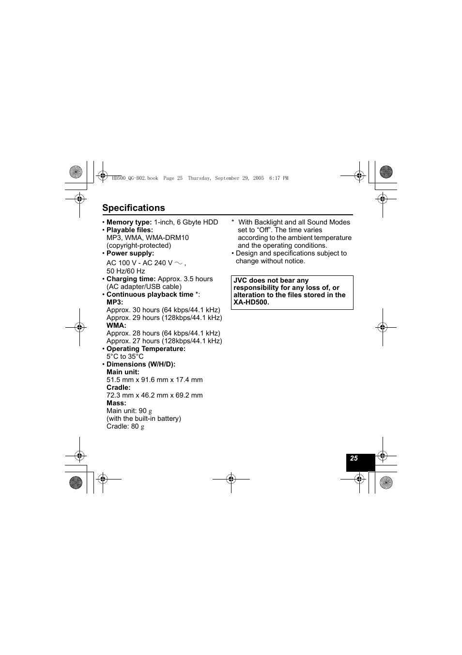Specifications | JVC XA-HD500S User Manual | Page 25 / 26
