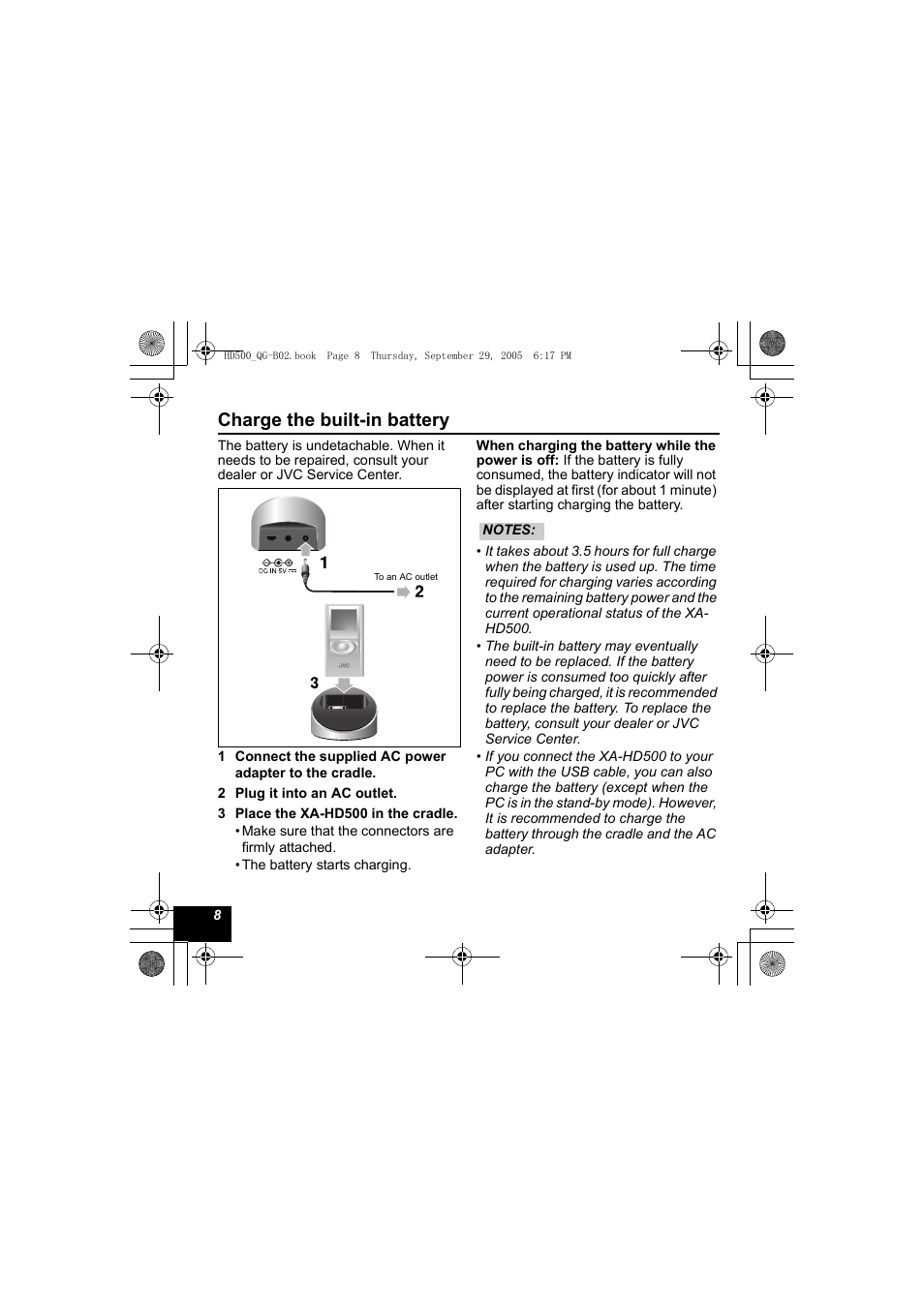 Charge the built-in battery | JVC XA-HD500S User Manual | Page 8 / 26
