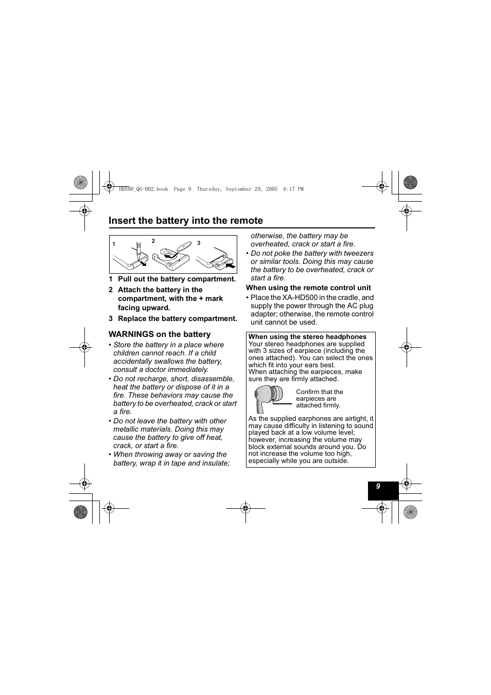 Insert the battery into the remote | JVC XA-HD500S User Manual | Page 9 / 26