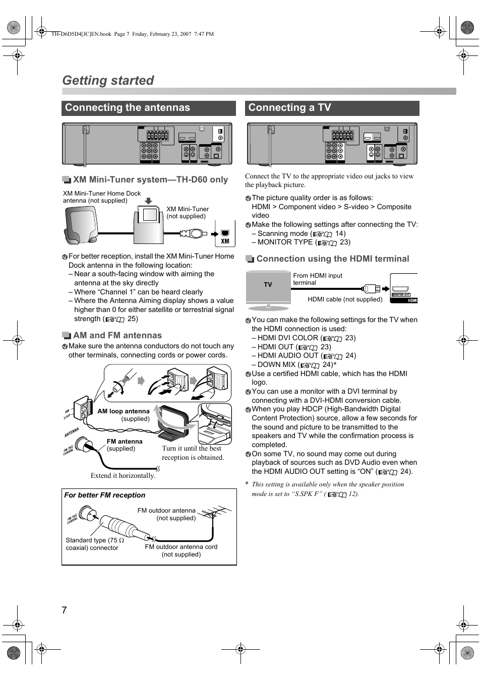 Getting started, Connecting the antennas, Connecting a tv | JVC THD60 User Manual | Page 10 / 40