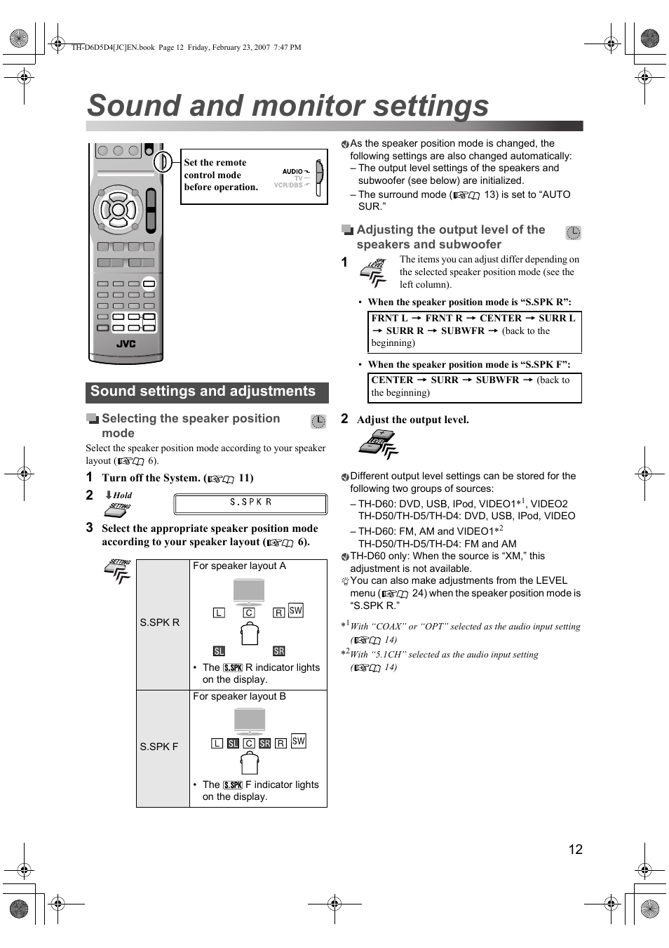 Sound and monitor settings, Sound settings and adjustments | JVC THD60 User Manual | Page 15 / 40