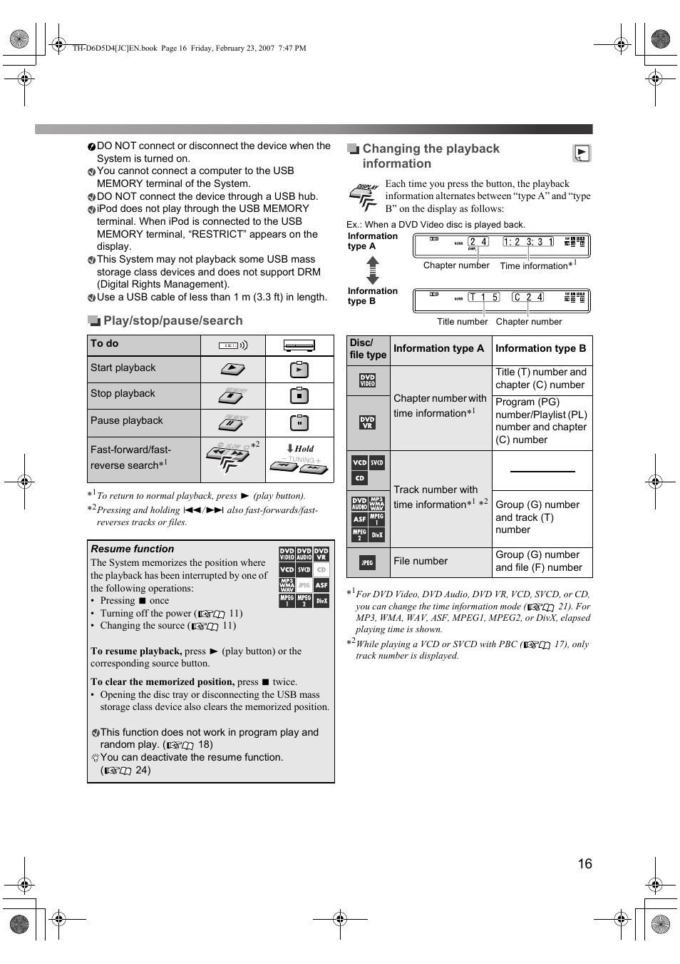 Play/stop/pause/search, Changing the playback information | JVC THD60 User Manual | Page 19 / 40