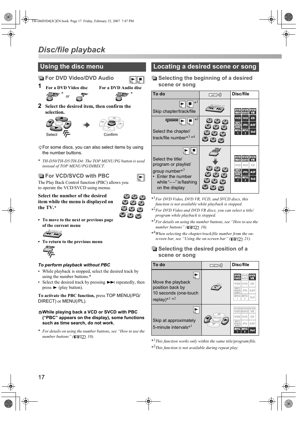 Disc/file playback, Using the disc menu, Locating a desired scene or song | JVC THD60 User Manual | Page 20 / 40