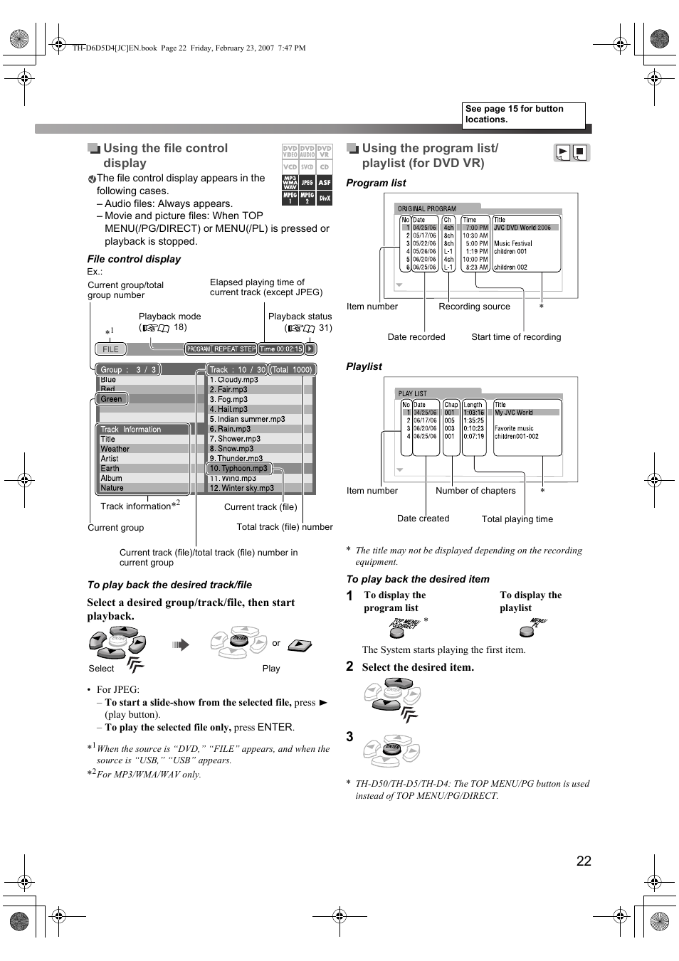Using the file control display, Using the program list/ playlist (for dvd vr) | JVC THD60 User Manual | Page 25 / 40