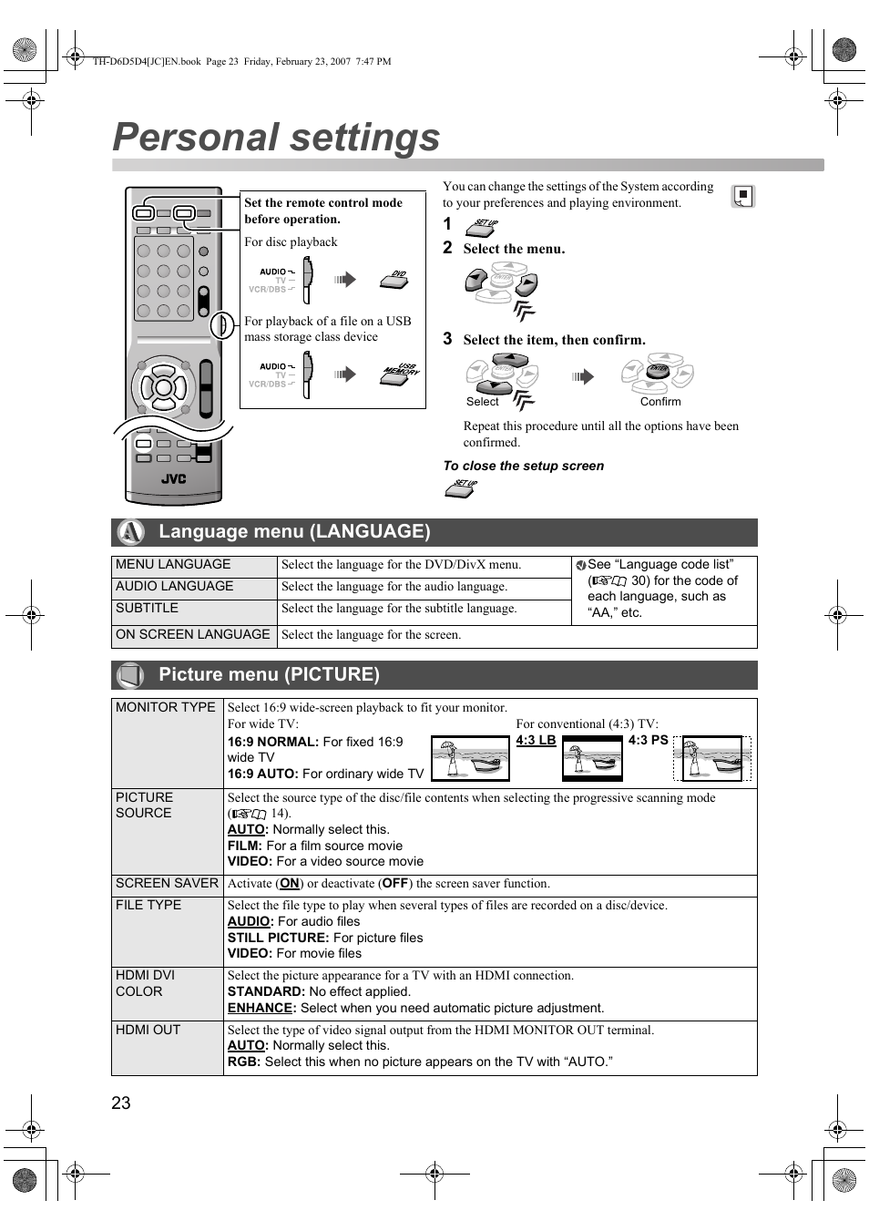 Personal settings, Language menu (language), Picture menu (picture) | JVC THD60 User Manual | Page 26 / 40