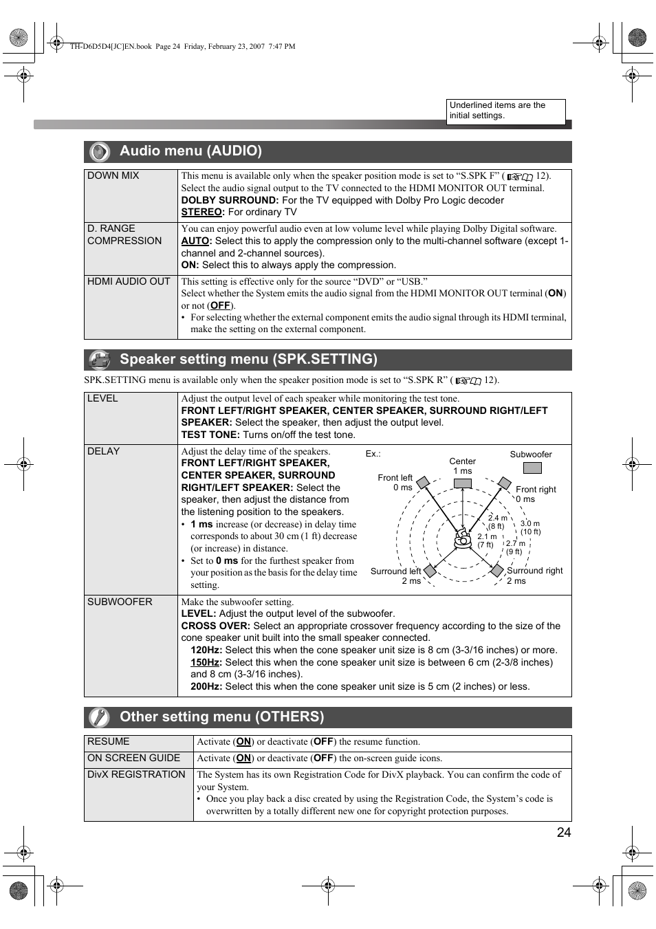 Audio menu (audio), Speaker setting menu (spk.setting), Other setting menu (others) | JVC THD60 User Manual | Page 27 / 40