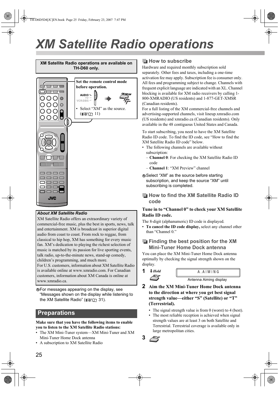 Xm satellite radio operations, Preparations | JVC THD60 User Manual | Page 28 / 40