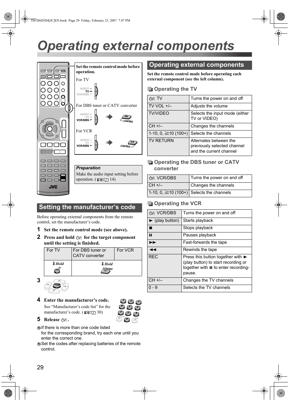 Operating external components, Setting the manufacturer’s code | JVC THD60 User Manual | Page 32 / 40