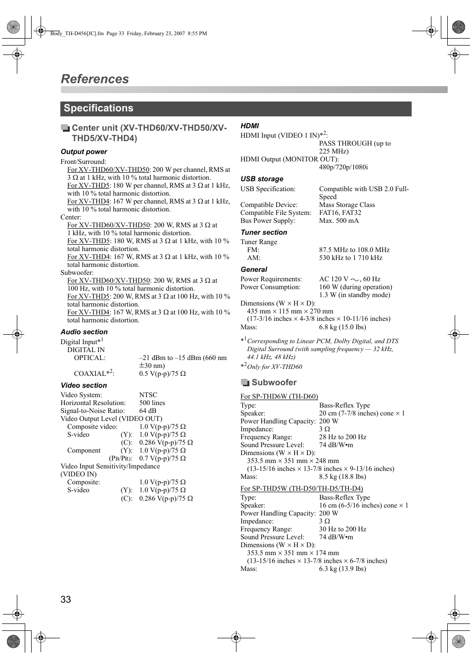 References, Specifications | JVC THD60 User Manual | Page 36 / 40