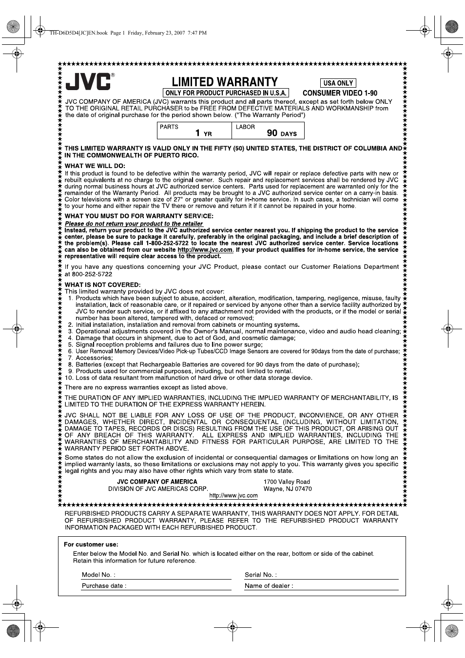 Limited warranty | JVC THD60 User Manual | Page 38 / 40