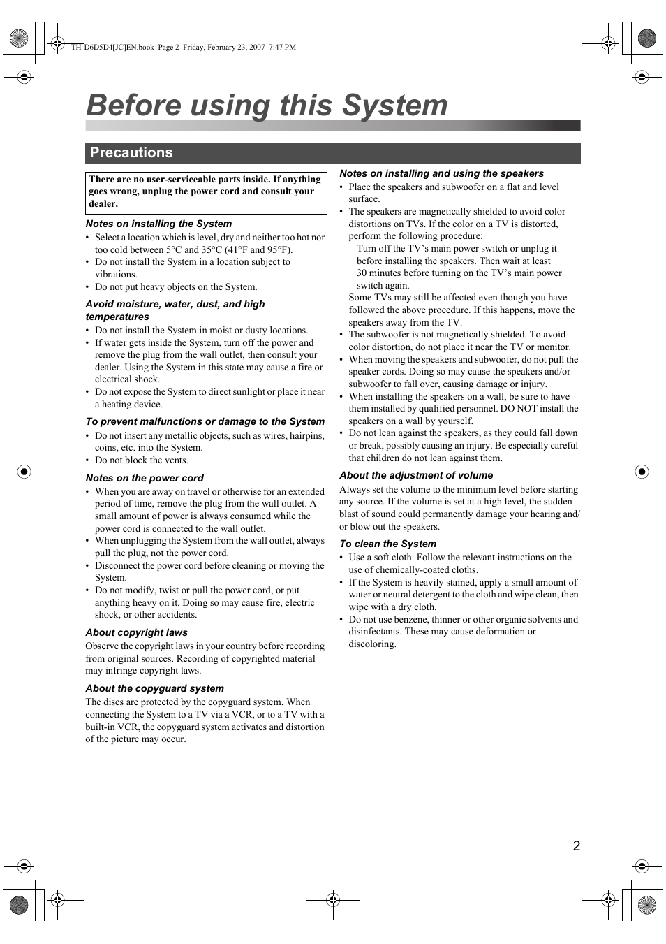 Before using this system, Precautions | JVC THD60 User Manual | Page 5 / 40
