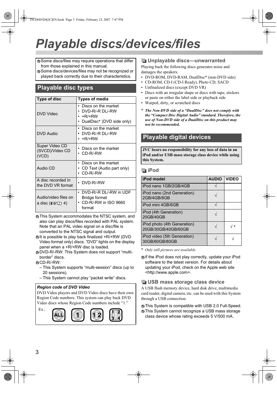 Playable discs/devices/files, Playable disc types, Playable digital devices | JVC THD60 User Manual | Page 6 / 40