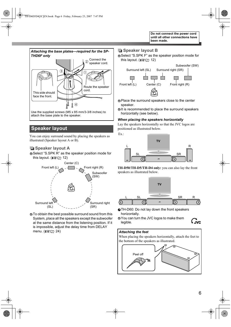 Speaker layout, Speaker layout a, Speaker layout b | JVC THD60 User Manual | Page 9 / 40