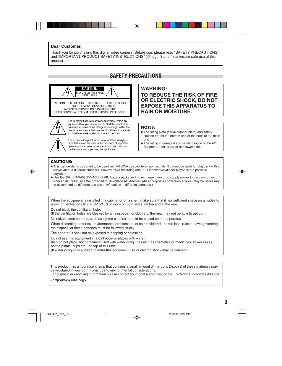 Safety precautions | JVC GR-D22 User Manual | Page 3 / 40