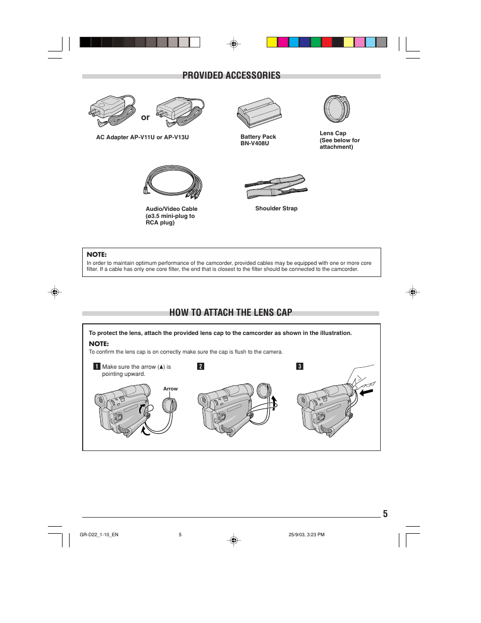 Provided accessories, How to attach the lens cap | JVC GR-D22 User Manual | Page 5 / 40