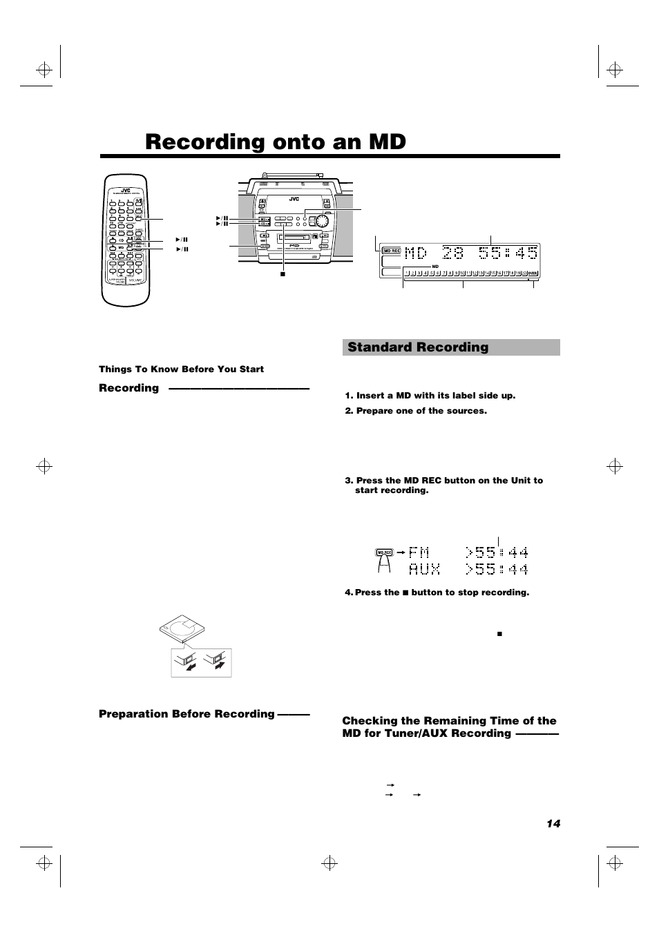 Recording onto an md, Standard recording | JVC RD-MD5 User Manual | Page 17 / 30