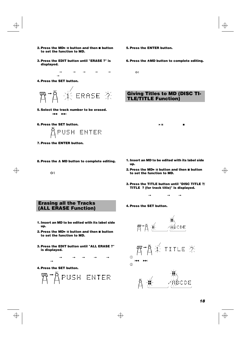 Erasing all the tracks (all erase function), Giving titles to md (disc ti- tle/title function) | JVC RD-MD5 User Manual | Page 21 / 30