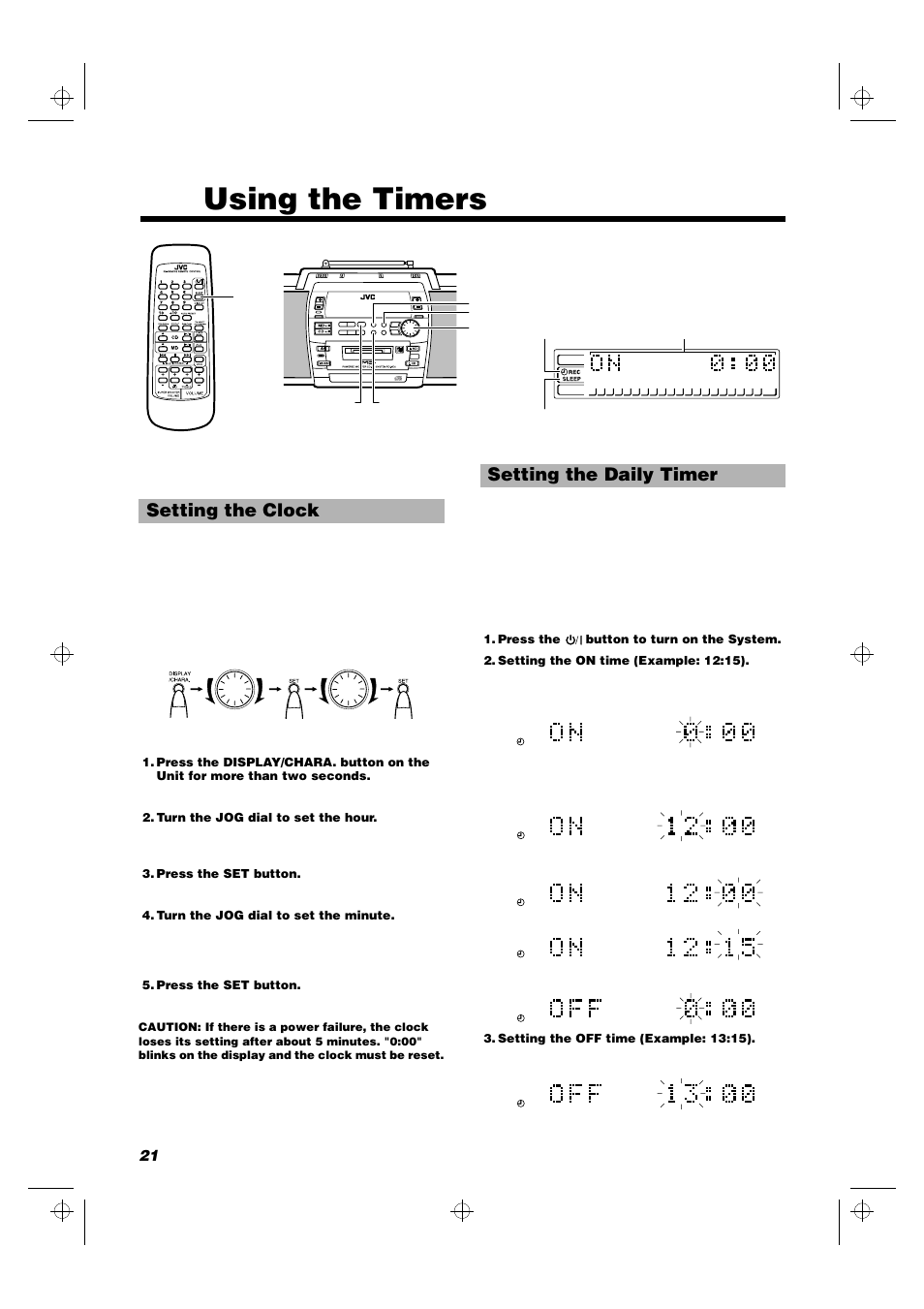 Using the timers, Setting the clock, Setting the daily timer | JVC RD-MD5 User Manual | Page 24 / 30