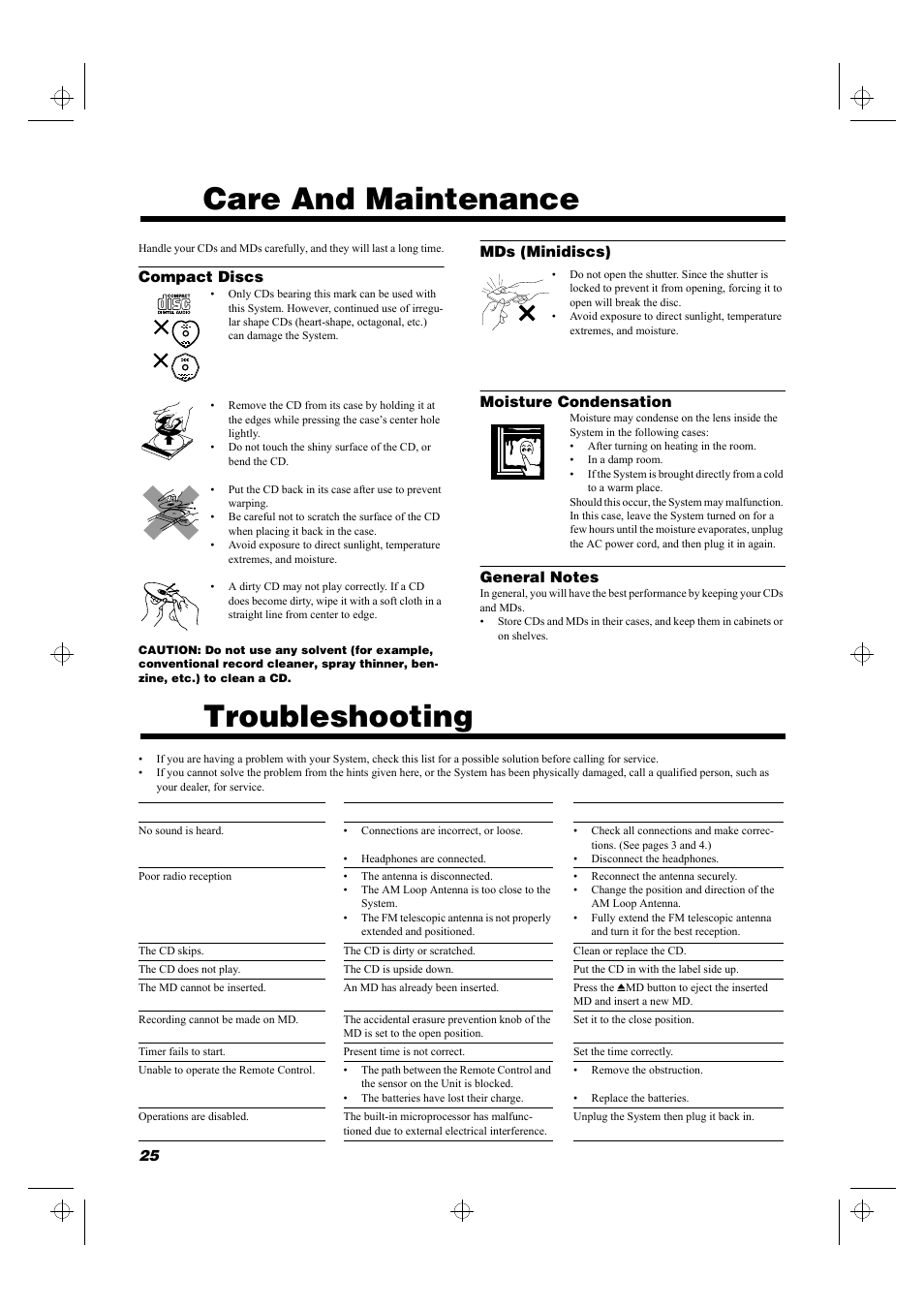 Care and maintenance, Troubleshooting | JVC RD-MD5 User Manual | Page 28 / 30