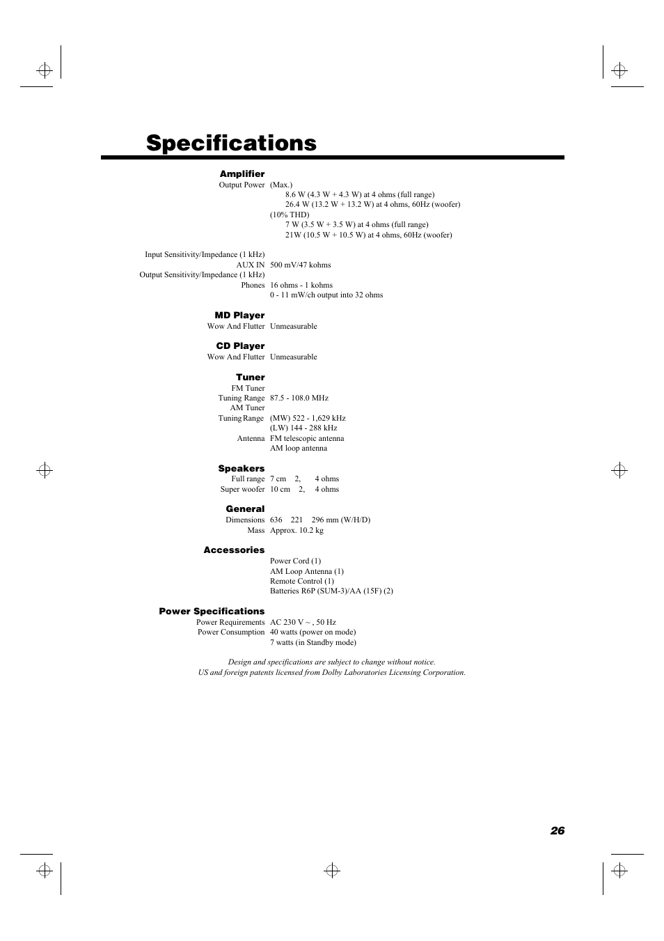 Specifications | JVC RD-MD5 User Manual | Page 29 / 30