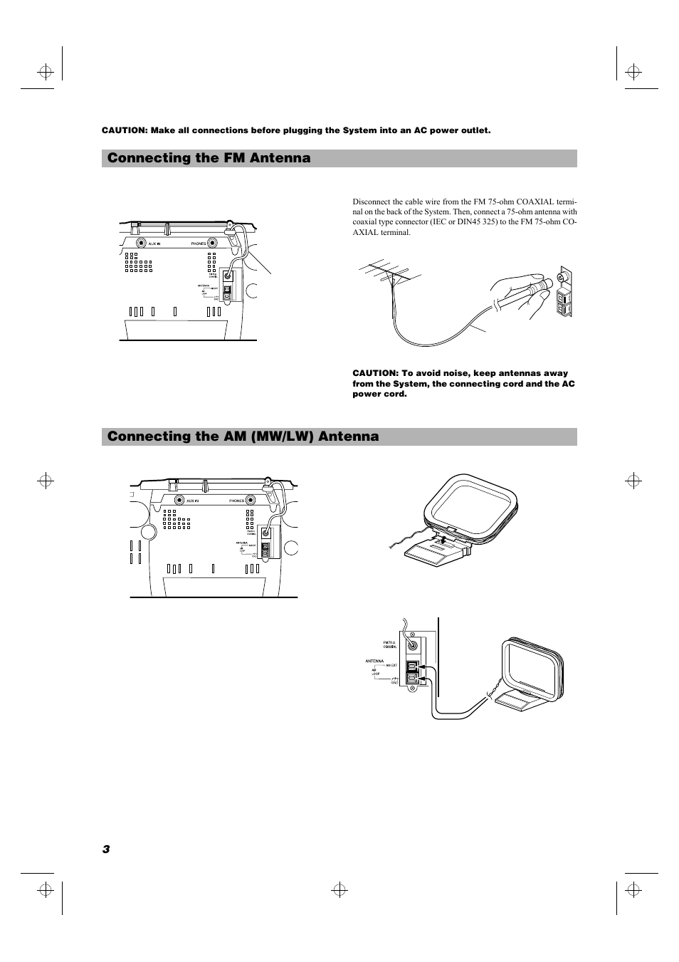 Connecting the fm antenna, Connecting the am (mw/lw) antenna | JVC RD-MD5 User Manual | Page 6 / 30