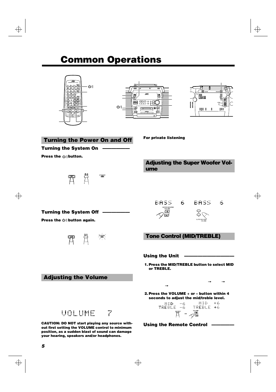 Common operations, Turning the power on and off adjusting the volume | JVC RD-MD5 User Manual | Page 8 / 30