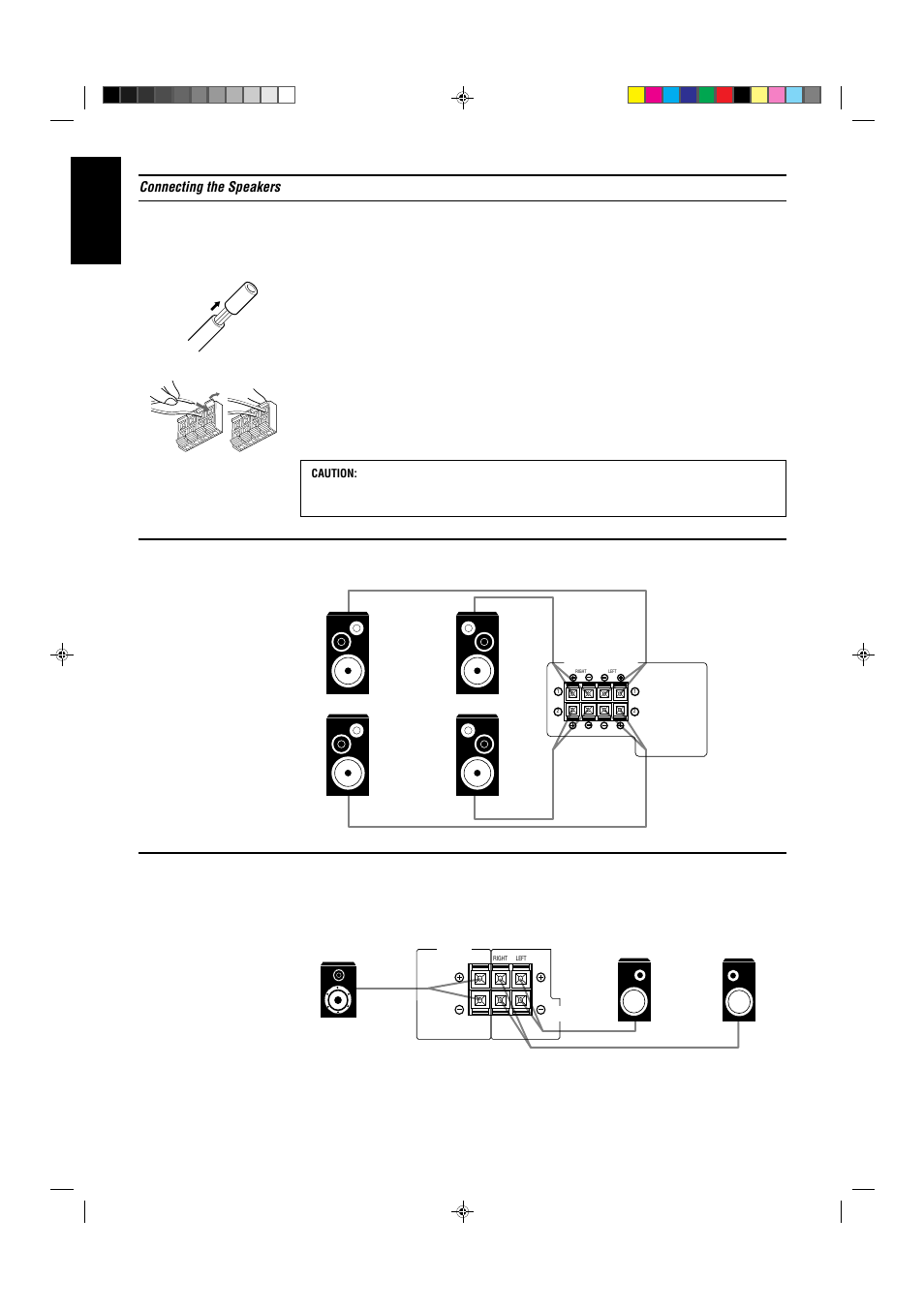 English, Connecting the speakers, Page 5 | Connecting the front speakers, Connecting the rear and center speakers | JVC LET0021-001A User Manual | Page 10 / 42